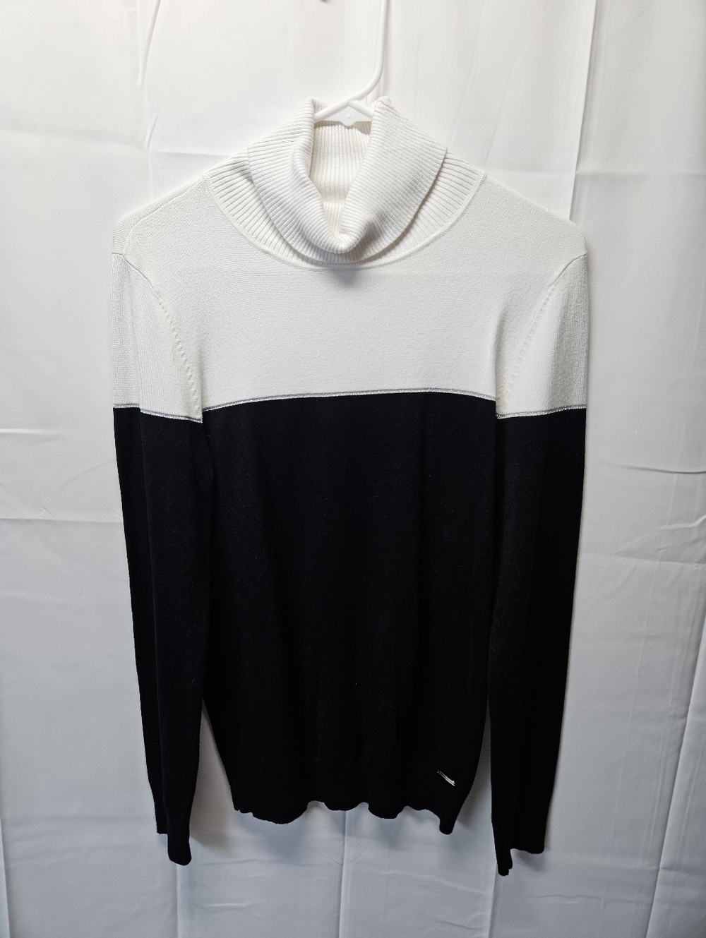 Calvin Klein Two-Tone Black and White Turtleneck Sweater With Silver Stripe